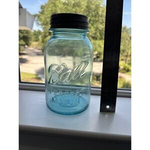 Vintage Ball Perfect Mason Blue Green 1 Quart Canning Jar w/Lid